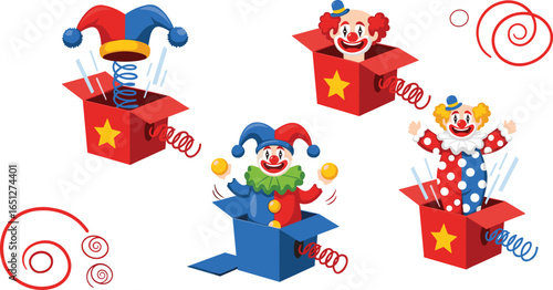 Cheerful cartoon jack‑in‑the‑box clowns and jester hats with colorful spiral patterns, playful expressions, red boxes, and yellow star designs