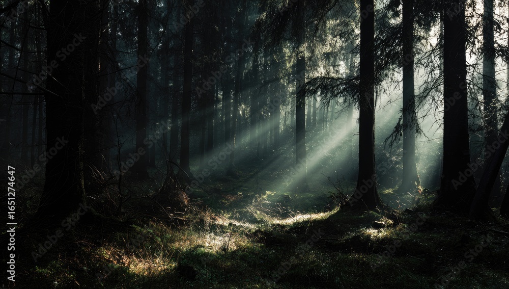 Obraz premium Sunlight filtering through a dense forest