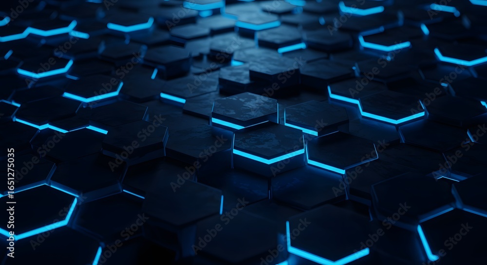 Fototapeta premium Futuristic Hexagons: A mesmerizing display of interconnected hexagons pulses with a vibrant blue light, creating a high-tech.