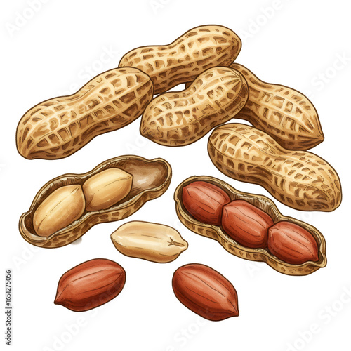 Detailed Illustration of Peanuts and Shells on Transparent Background