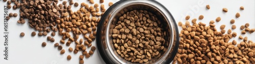 Various types of pet food scattered around a metal bowl on a simple background