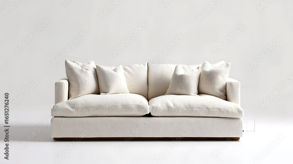 Fototapeta premium White Fabric Couch with Wooden Base | Minimalist Low-Profile Sofa Illustration | Modern Living Room Furniture Visual