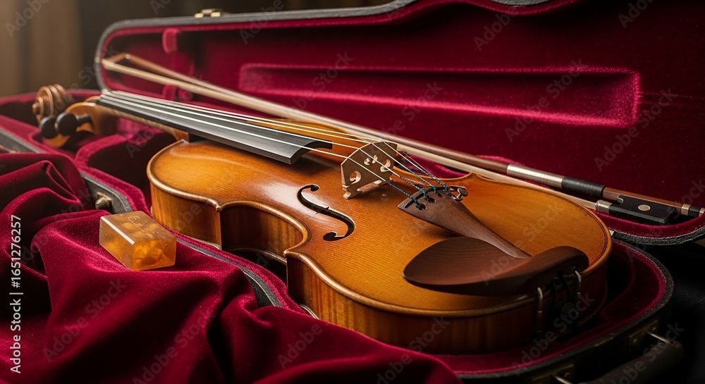 Obraz premium Warm-toned Violin Rests in Rich Red Velvet Case, Dramatic Lighting