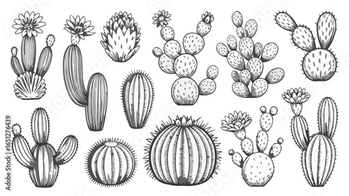 Set of cactus plants isolated on white background, vector illustration of desert flora, botanical drawing for design element, vintage style