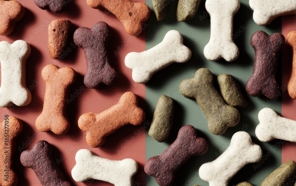 Fototapeta premium Colorful assortment of bone-shaped dog treats arranged on a vibrant background