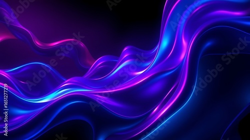 Illustration of a mesmerizing wave of iridescent purple and blue light flows across a dark background