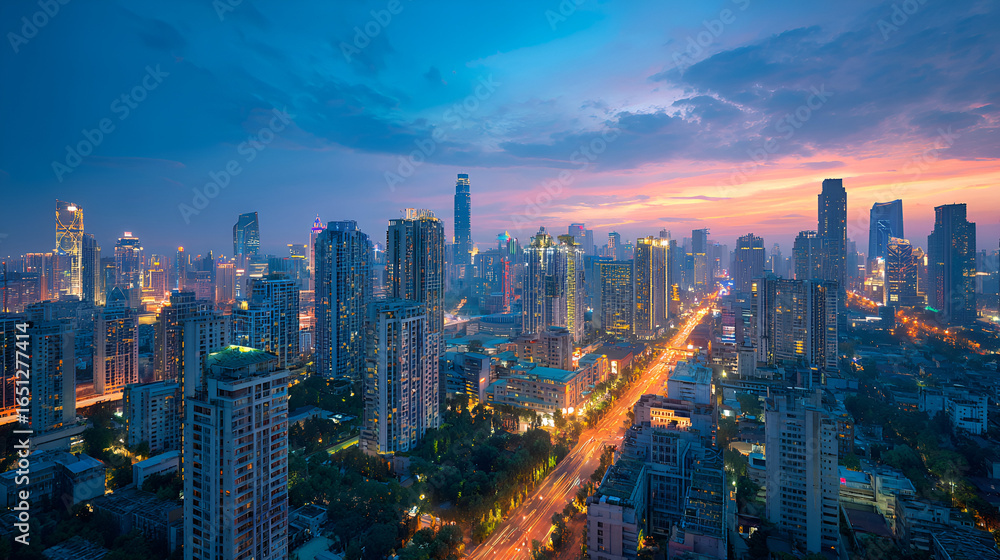 Naklejka premium Stunning Aerial View of Modern Asian City at Twilight: Vibrant Skyline, Illuminated Streets, and Dramatic Sunset Colors.