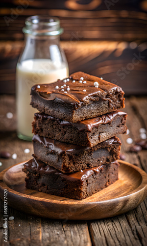 Delicious stack of homemade chocolate brownies with a glass of milk