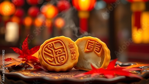 Steaming mooncake with ornate designs, paired with autumn leaves for China National Day.