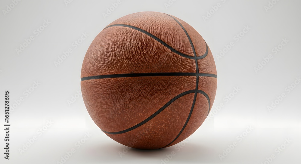 Fototapeta premium Basketball Isolated: A high-angle shot presents a standard basketball with a detailed, textured surface and black lines, the warm tones of the leather create a striking contrast.