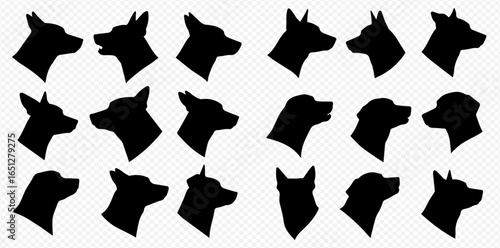 A collection of black silhouettes showing various dog breed heads in profile view on a transparent background.