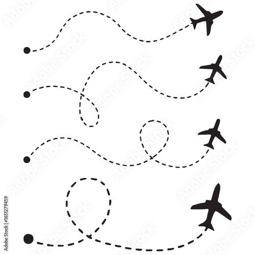 Line path vector icons of an airplane flight routes with start point and dash line trace vector