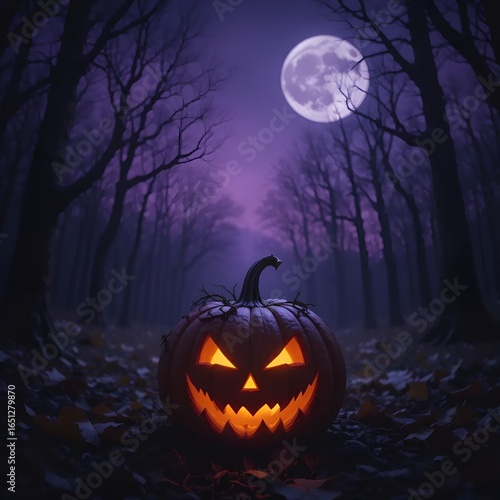 Spooky jack o lantern glows under a full moon with bats flying 
