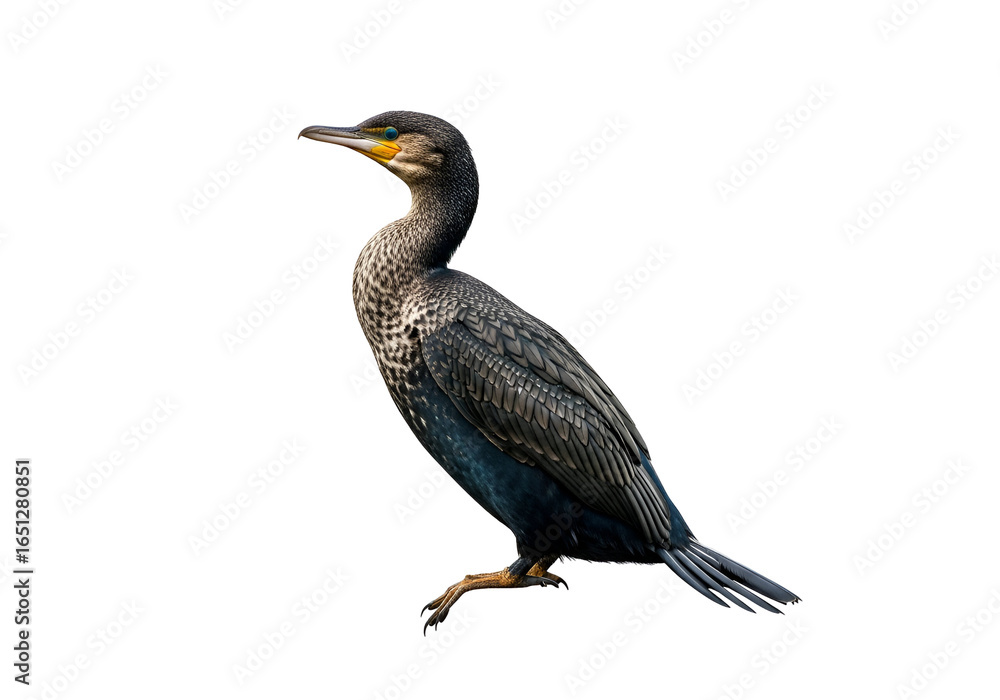 Fototapeta premium A striking profile view of a cormorant, showcasing its intricate plumage details against a pure black background.