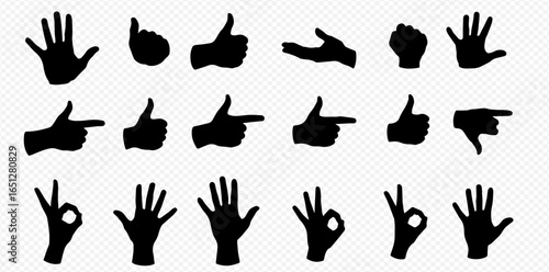 A collection of black hand silhouettes showing various common gestures like thumbs up, pointing, waving, and the OK sign on a transparent background.