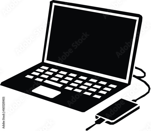 laptop with charger silhouette vector illustration. On white background.