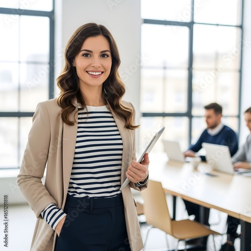 Young businesswoman smiling and working in office with team