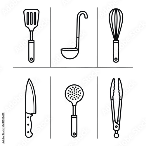 Kitchen Utensil Icons Collection Featuring Spatula Ladle Whisk Knife Skimmer and Tongs Illustration Set