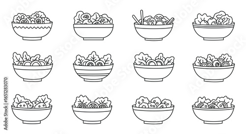 Twelve Bowls of Noodles Line Art Illustrations