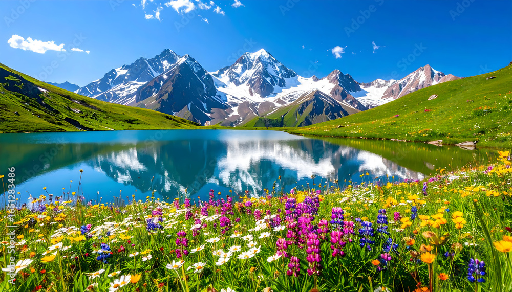Obraz premium Snow Capped Mountains Reflecting in a Tranquil Lake with Colorful Wildflower Meadow Under a Bright Blue Sky