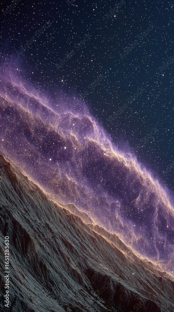 Fototapeta premium Cosmic nebula draped over a distant, mountainous landscape