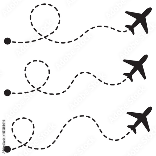 Line path vector icons of an airplane flight routes with start point and dash line trace vector