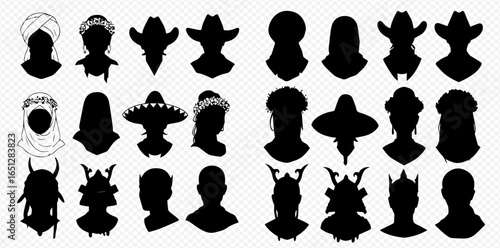 A diverse collection of black silhouettes showcasing various cultural and historical hats, helmets, and headwear.