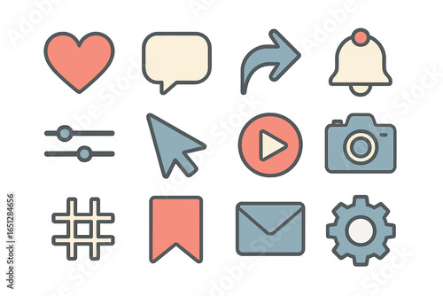 Digital icons representing social media and communication tools