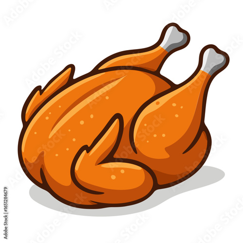 A cartoon-style vector illustration of a whole roasted chicken. Perfect for use in food packaging, restaurant menus, recipe books, cooking blogs, and festive holiday designs.