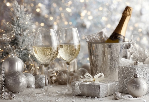 Festive celebration with champagne and gifts