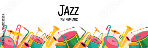 Colorful illustration of jazz instruments including trumpet, saxophone, trombone, and drums – stylized musical art for jazz-themed design