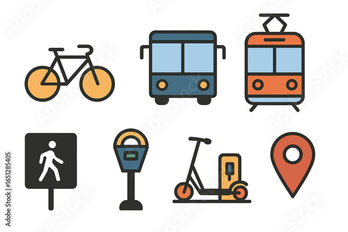 Urban transportation icons featuring bicycle bus tram and scooter