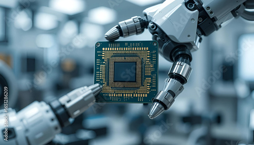 Close-up of a futuristic android robot hand holding a glowing blue microchip, with a human hand in the background, representing artificial intelligence, technology, data, innovation, and the future of