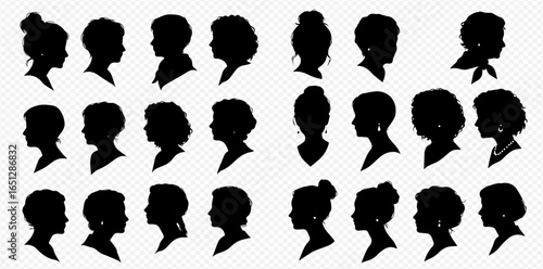 A diverse collection of black female head silhouettes in profile, featuring a variety of hairstyles and accessories.