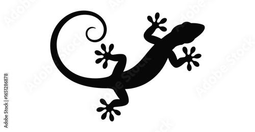 Black silhouette of a gecko with curled tail and splayed toes – minimalist reptile icon highlighting exotic wildlife and climbing anatomy
