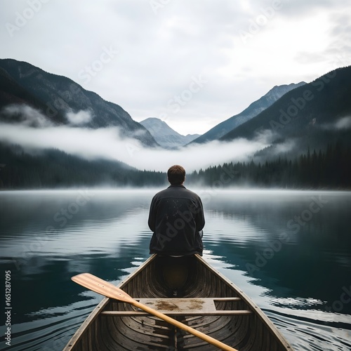 A peaceful canoe floats on the tranquil lake, its reflection mirroring the towering mountains and vast sky in a stunning summer landscape