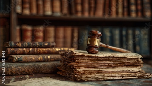Antique law books and gavel in a library (1)