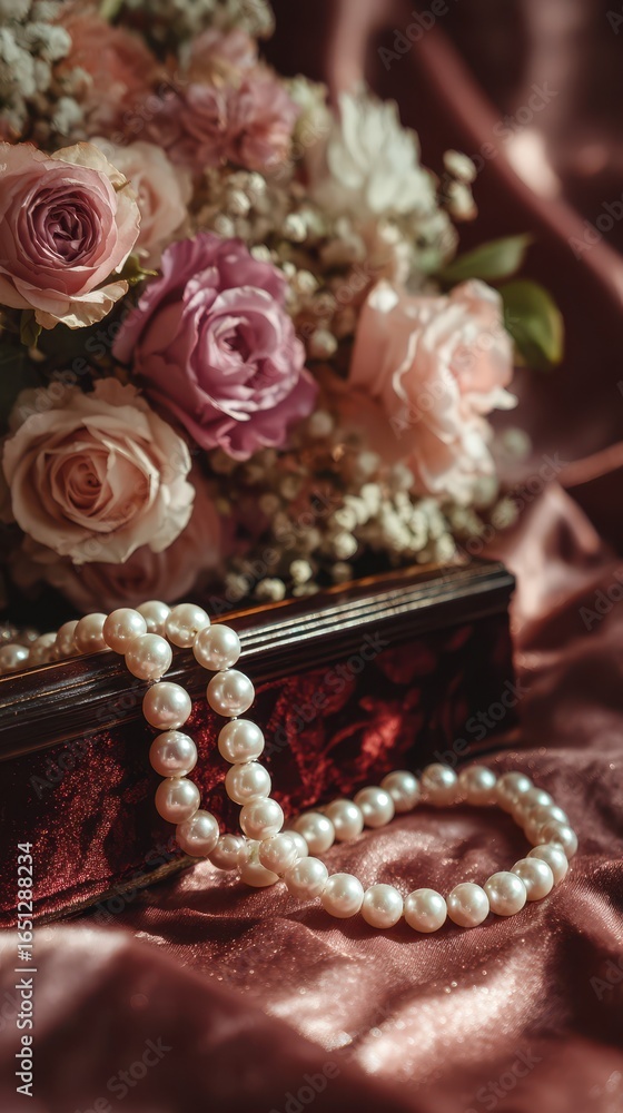 Obraz premium Elegant pearl necklace and pastel roses create a timeless still life arrangement on plush fabric