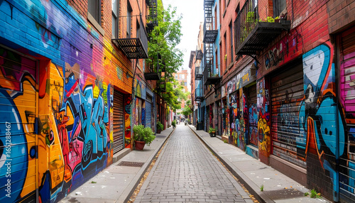 Vibrant Graffiti Art Adorns Alley Walls In Urban City Setting With Brick Buildings And Daylight