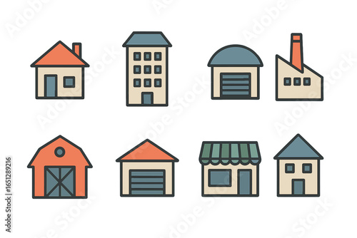 Variety of buildings in vector style showcasing urban architecture