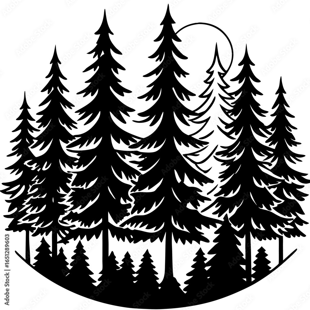 Fototapeta premium Silhouette of a forest with pine trees and a moon isolated on white background