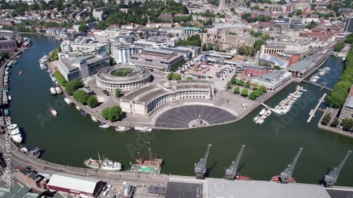 Aerial view of the city of bristol, uk, with its harbor, river and architecture