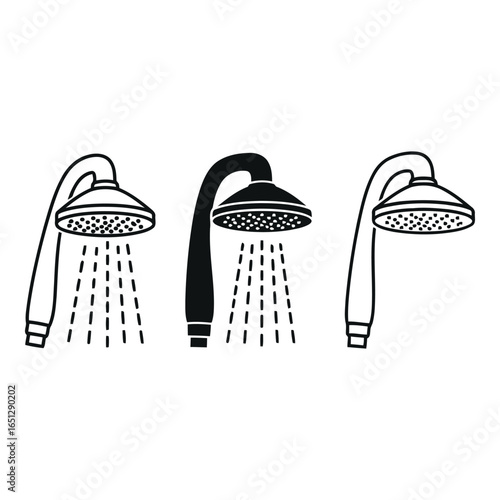 Shower head illustration in black and white showcasing different styles and water flow in three distinct shapes