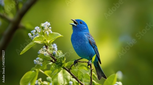 Vibrant blue bird perched on a branch with spring blossoms.