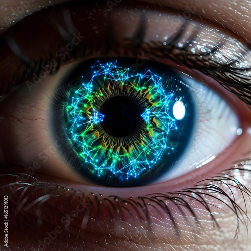 Digital Vision: A close-up macro shot reveals an eye's mesmerizing iris, adorned with an intricate network of luminous digital connections.