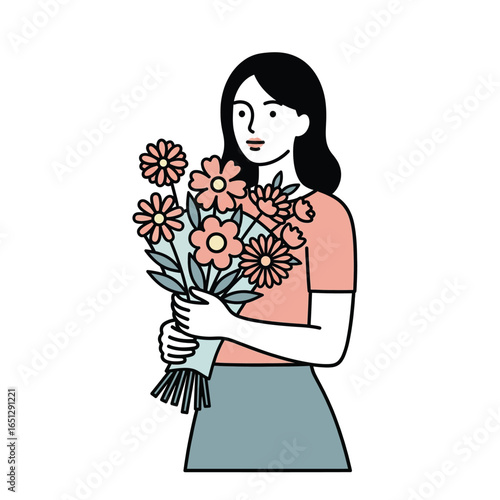 Coloring Vector illustration of woman holding a bouquet of flowers isolated on white background