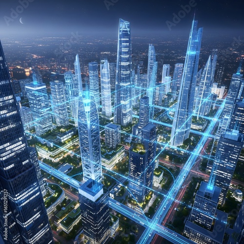 Urban Futuristic: A photorealistic depiction of a modern city at twilight, showcasing a network of illuminated skyscrapers intertwined with digital pathways.