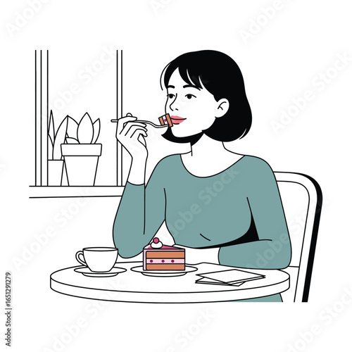 Coloring Vector illustration of woman eating a slice of cake at a table with coffee and plant