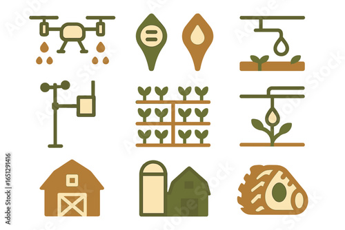 Ag tech icons: irrigation, drones, and sensors