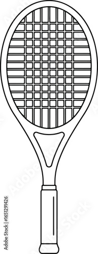 A tennis racket with strings, handle, and frame, used for playing the sport.